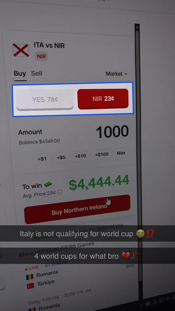 A video screenshot shows someone placing a bet with two buttons reading "Yes" and "NIR".