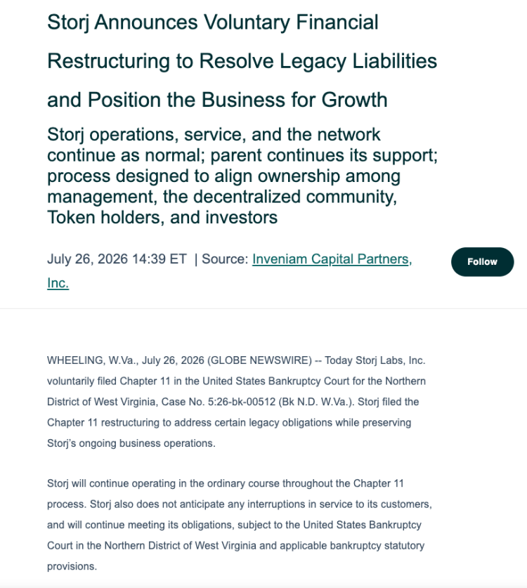 Storj Labs申请破产保护,代币持有者能换到公司股权吗?