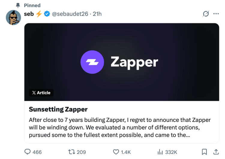 从200万月活到归零：Zapper死于DeFi的「成熟」