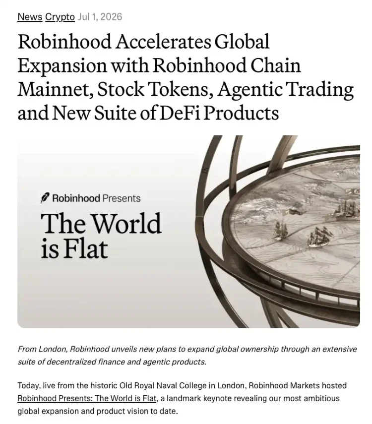 Robinhood Chain主网上线，股票终于可以搬进钱包了吗？